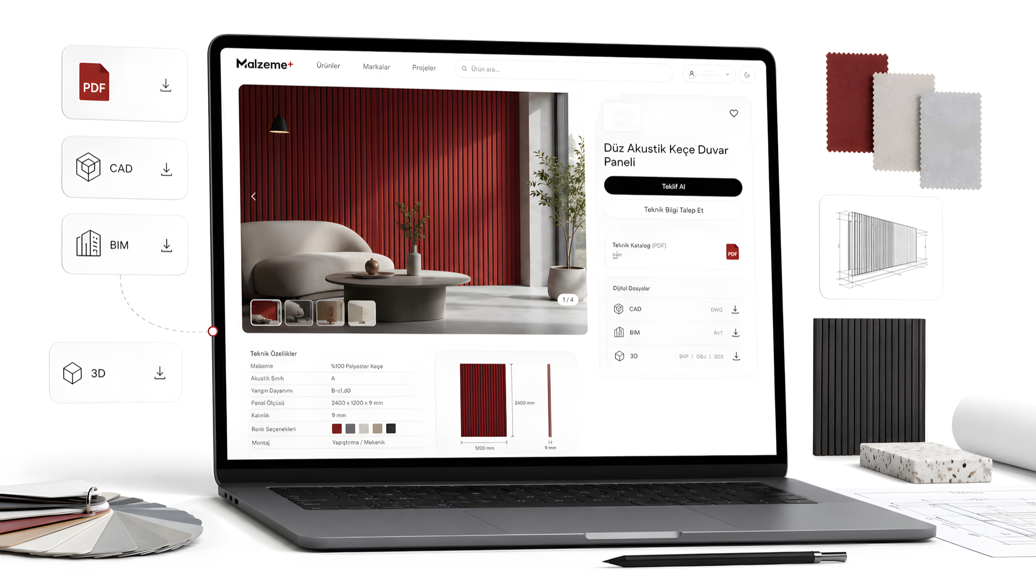 Malzeme Plus ürün sayfası — laptop mockup ile PDF, CAD, BIM ve 3D dosya indirme